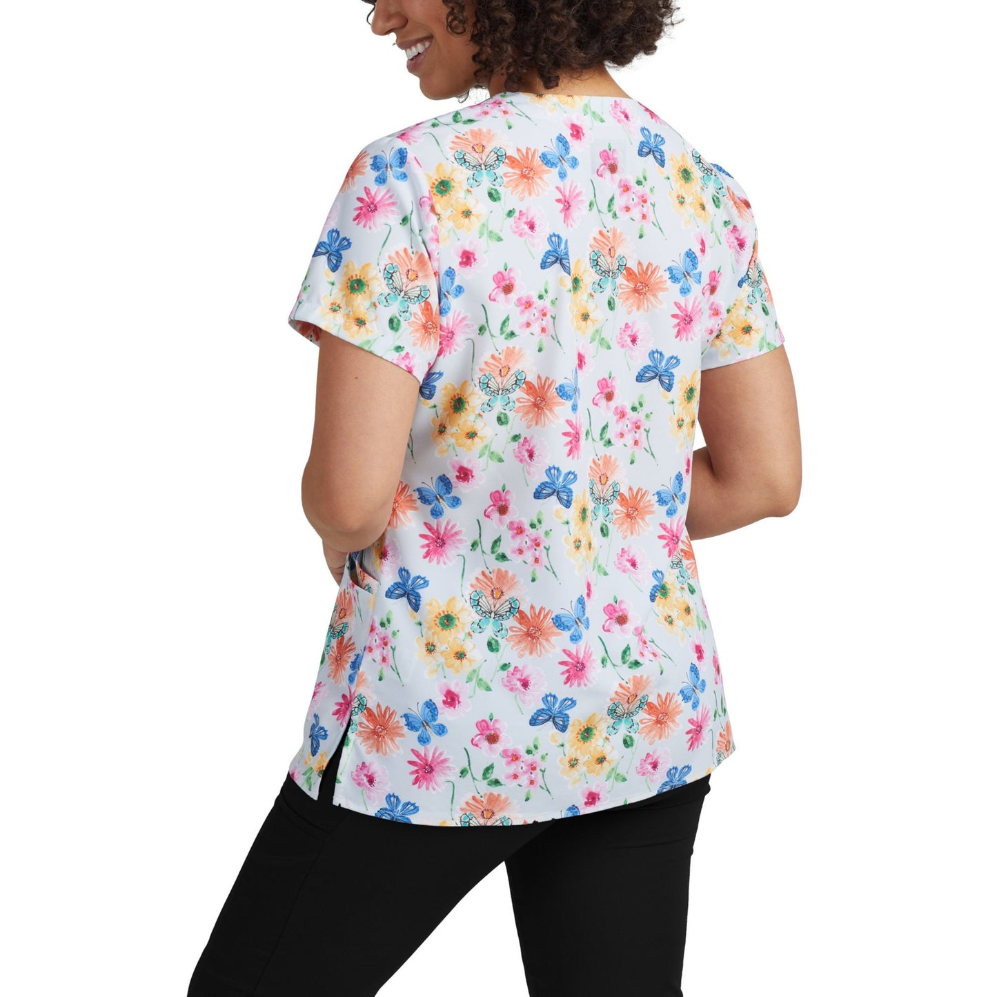 Prints 618GATE Women's 3 Pocket V Neck Scrub Top Garden Tea Image