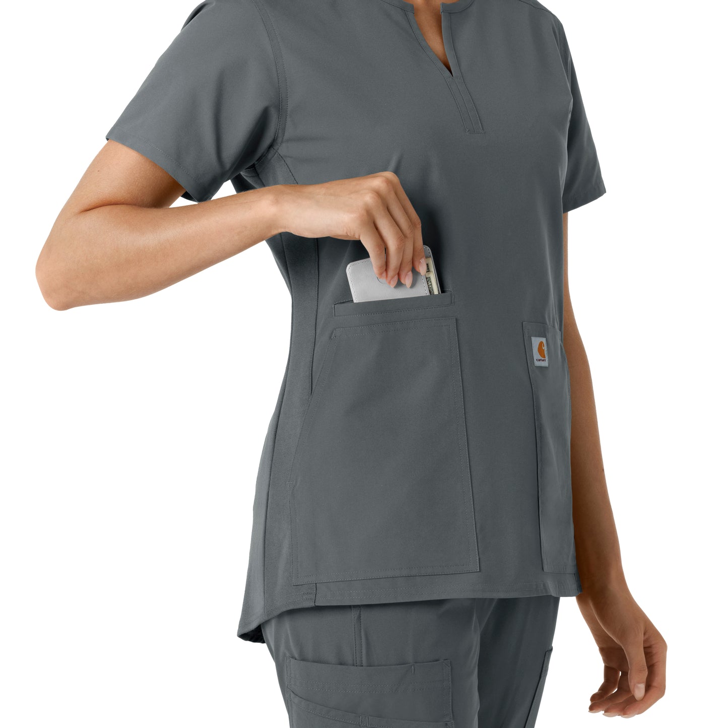 Force Essentials C12413 Notch Neck Tunic Knit Panel Scrub Top Pewter Model Image Alternate | Carhartt