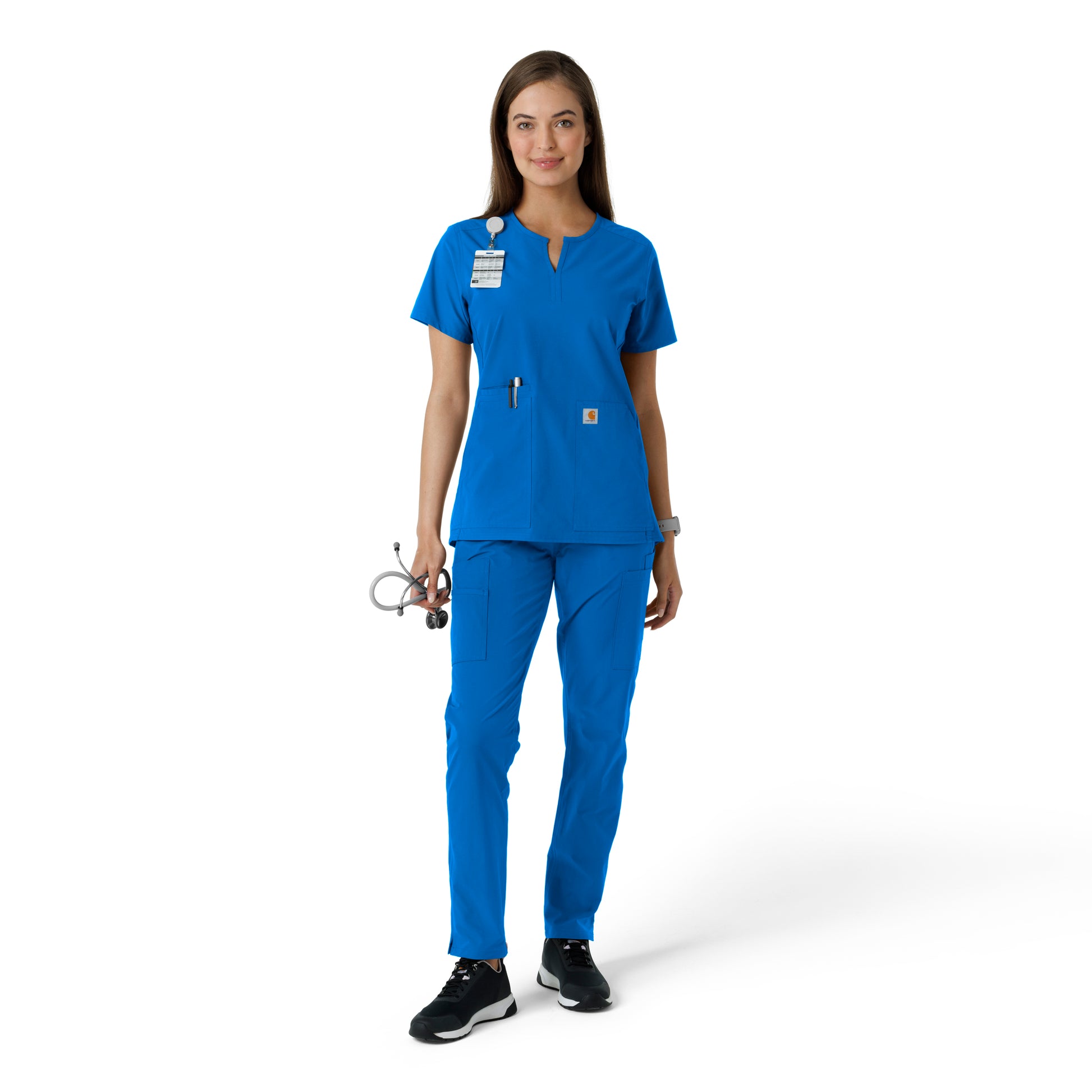 Force Essentials C12413 Notch Neck Tunic Knit Panel Scrub Top Royal Model Image Front | Carhartt