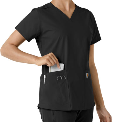 Force Essentials C12313 V-Neck Knit Panel Scrub Top Black Model Image Alternate | Carhartt