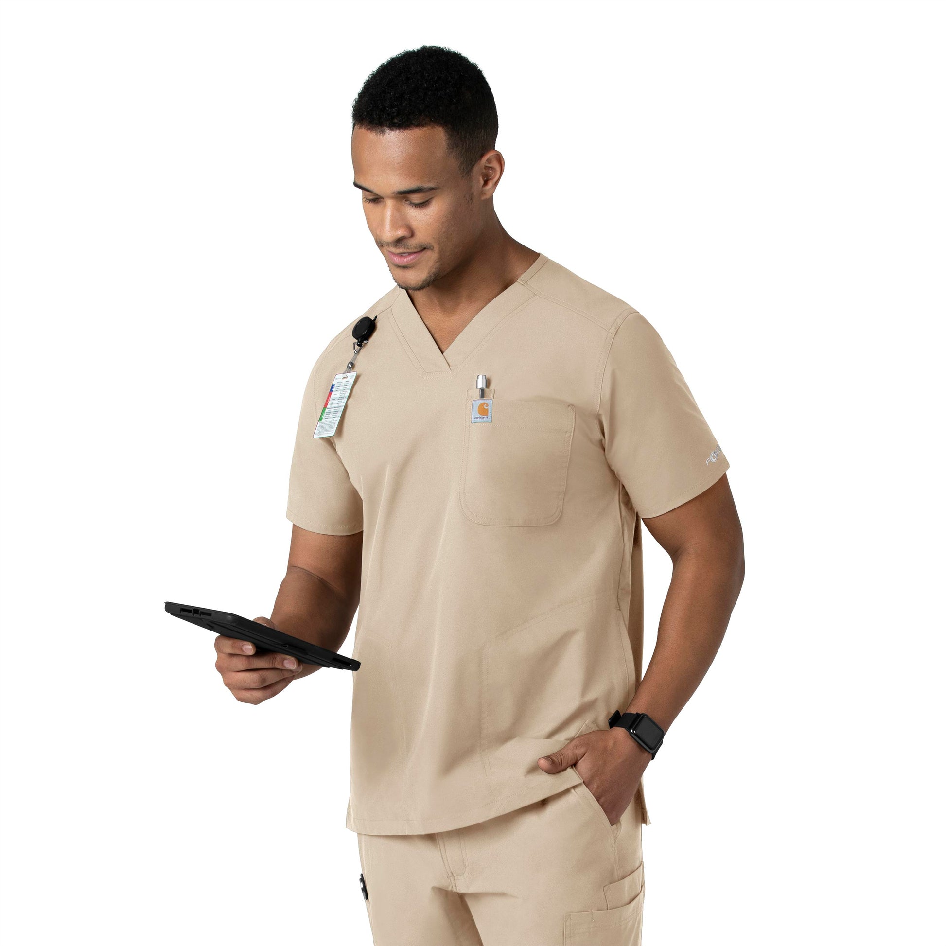 Force Essentials C16113 Men's V-Neck Shirttail Scrub Top Khaki Model Image Left Side | Carhartt