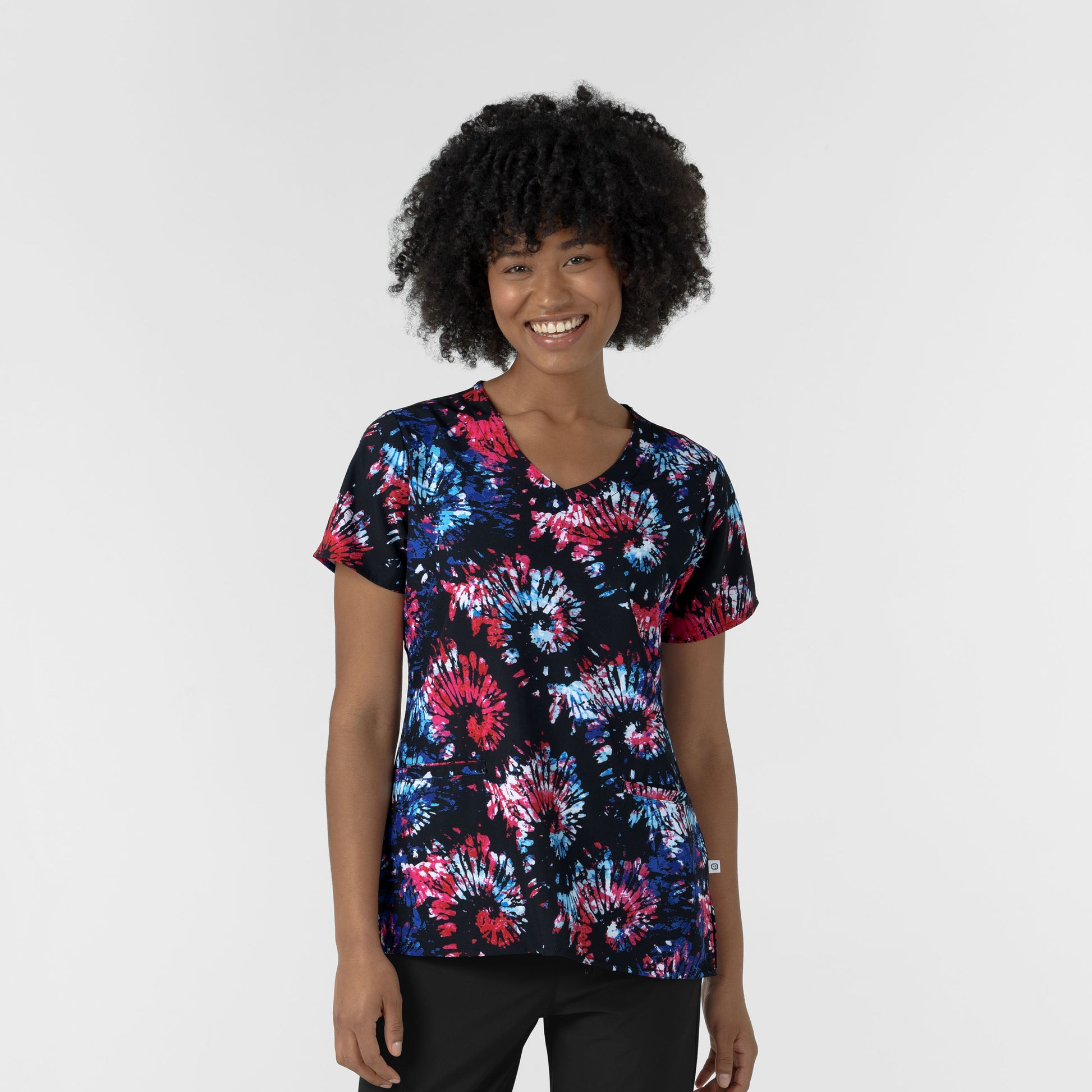 Fashion Prints 6347 Women's V-Neck Border Print Scrub Top Freedom Sparkle Black