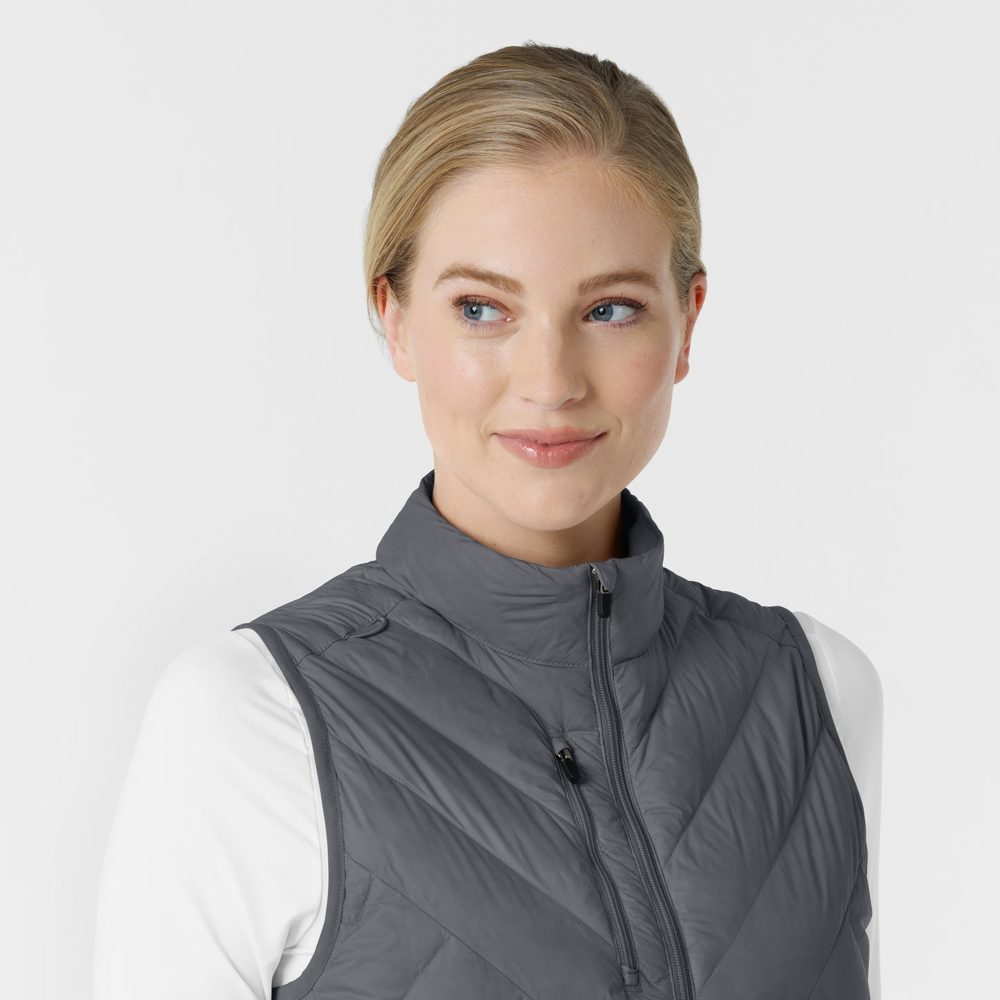 Layers 8277 Quilted Scrub Vest Pewter Model Image Left Side | Wink