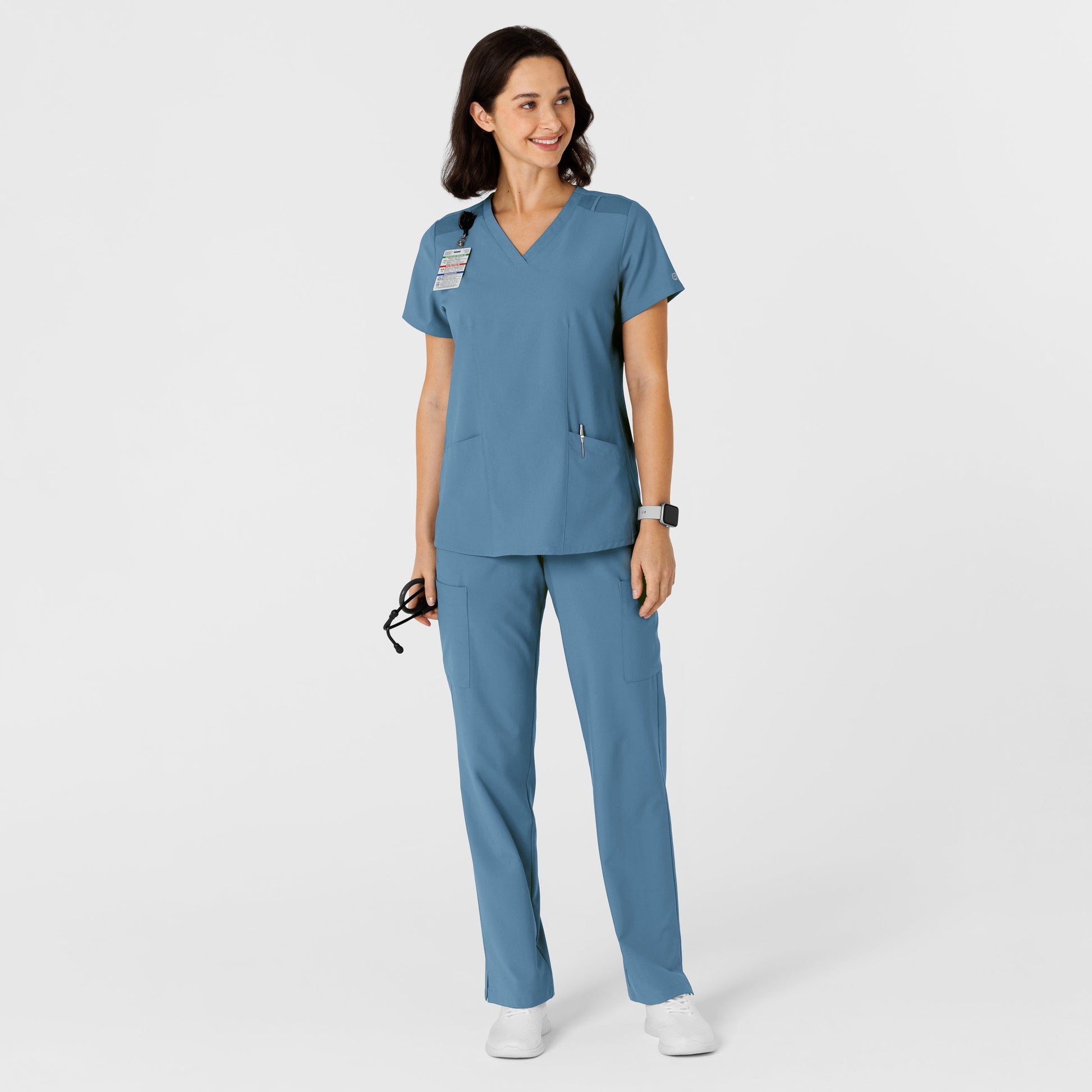 W123 6145 Women's Flex-n-Reach Side Panel V-Neck Scrub Top Pacific Blue