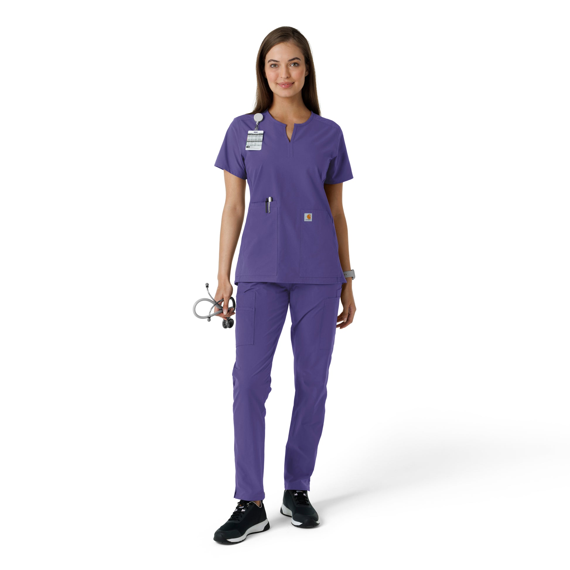 Force Essentials C12413 Notch Neck Tunic Knit Panel Scrub Top Grape Model Image Right Side | Carhartt