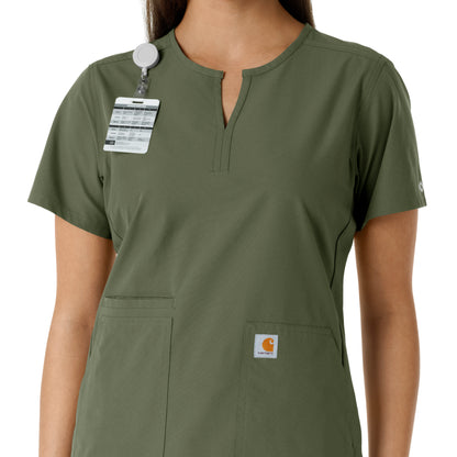 Force Essentials C12413 Notch Neck Tunic Knit Panel Scrub Top Olive Model Image Alternate | Carhartt