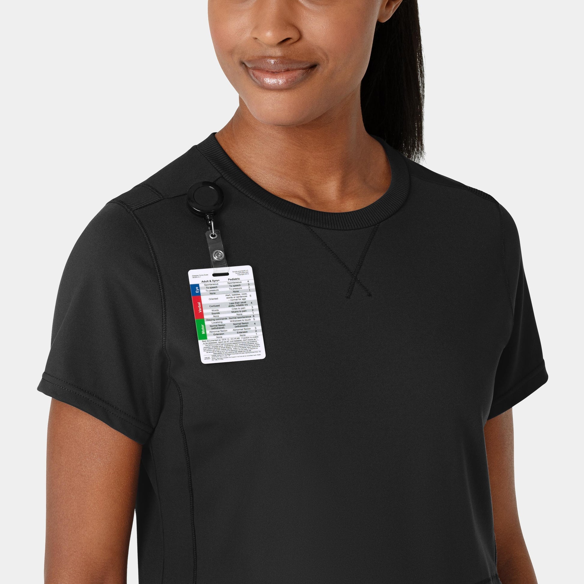 RENEW 6359 Knit Flex-n-Reach Crew Neck Scrub Top Black Model Image Left Side | Wink