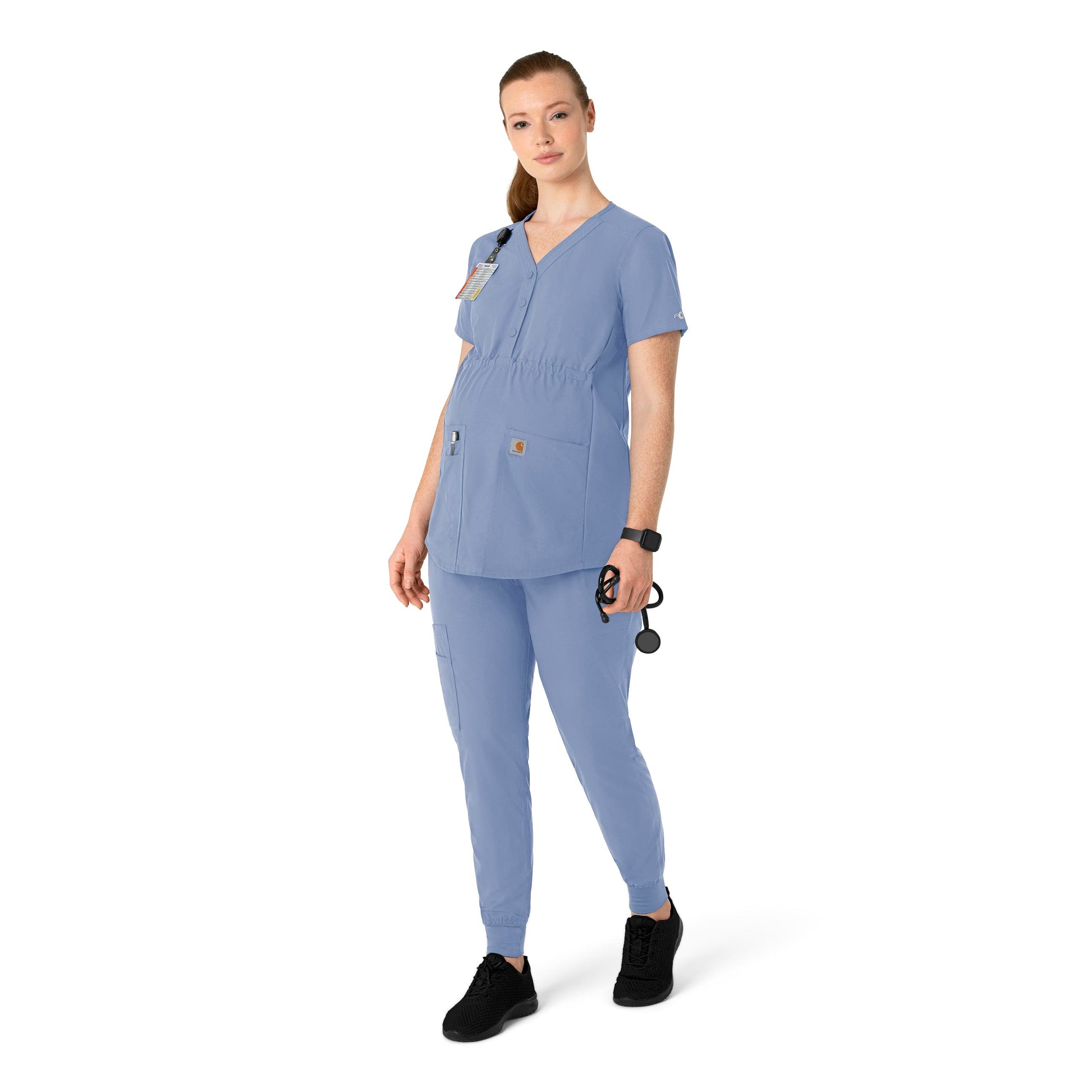 Force Essentials C14113 Henley Maternity Scrub Top Ceil Blue Model Image Right Side | Carhartt