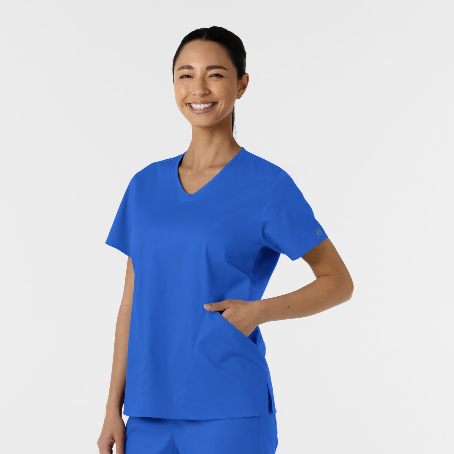 WonderWORK 106 Curved V-Neck Scrub Top Royal Model Image Left Side | Wink