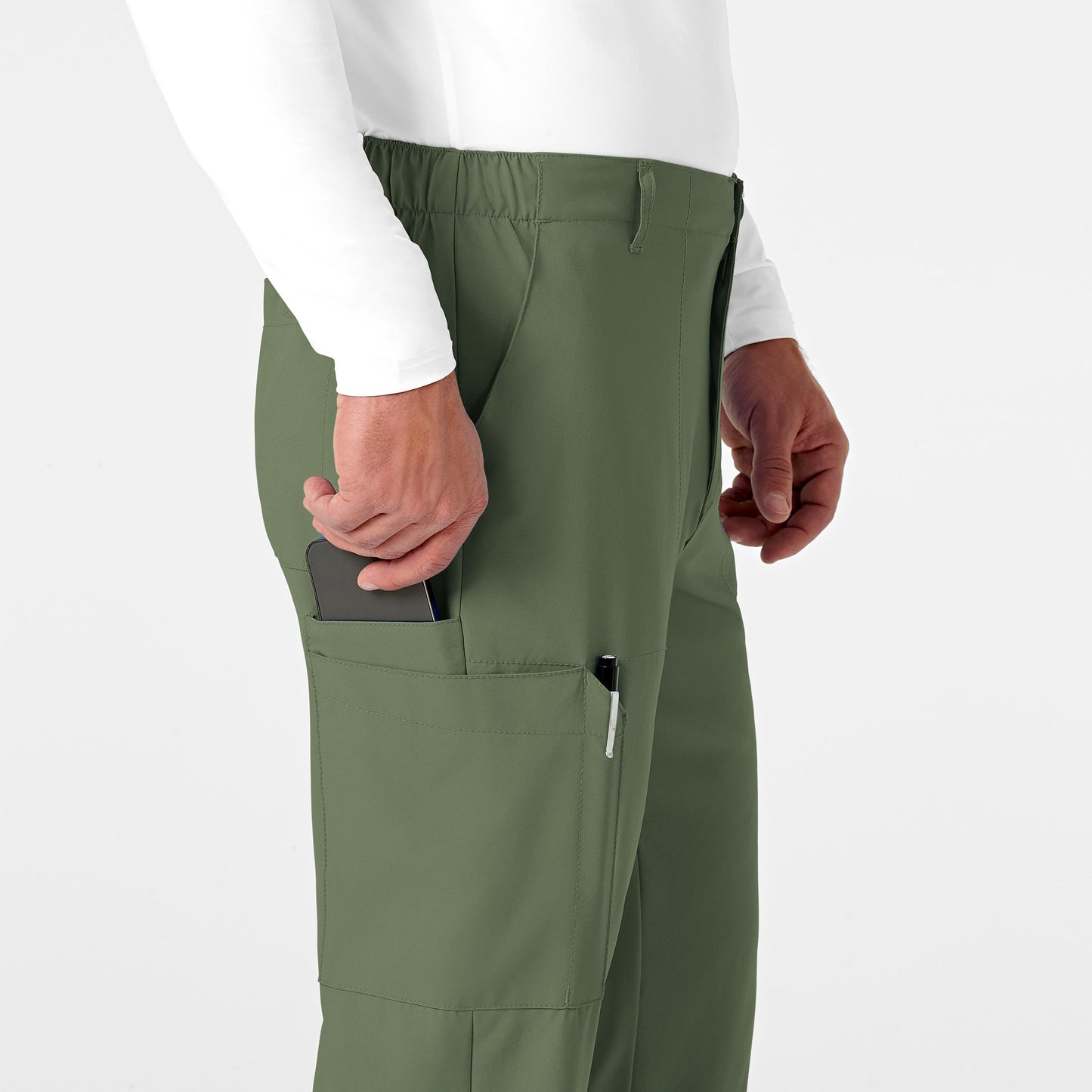 W123 5355 Men's Flat Front Cargo Scrub Pants Olive Model Image Alternate | Wink