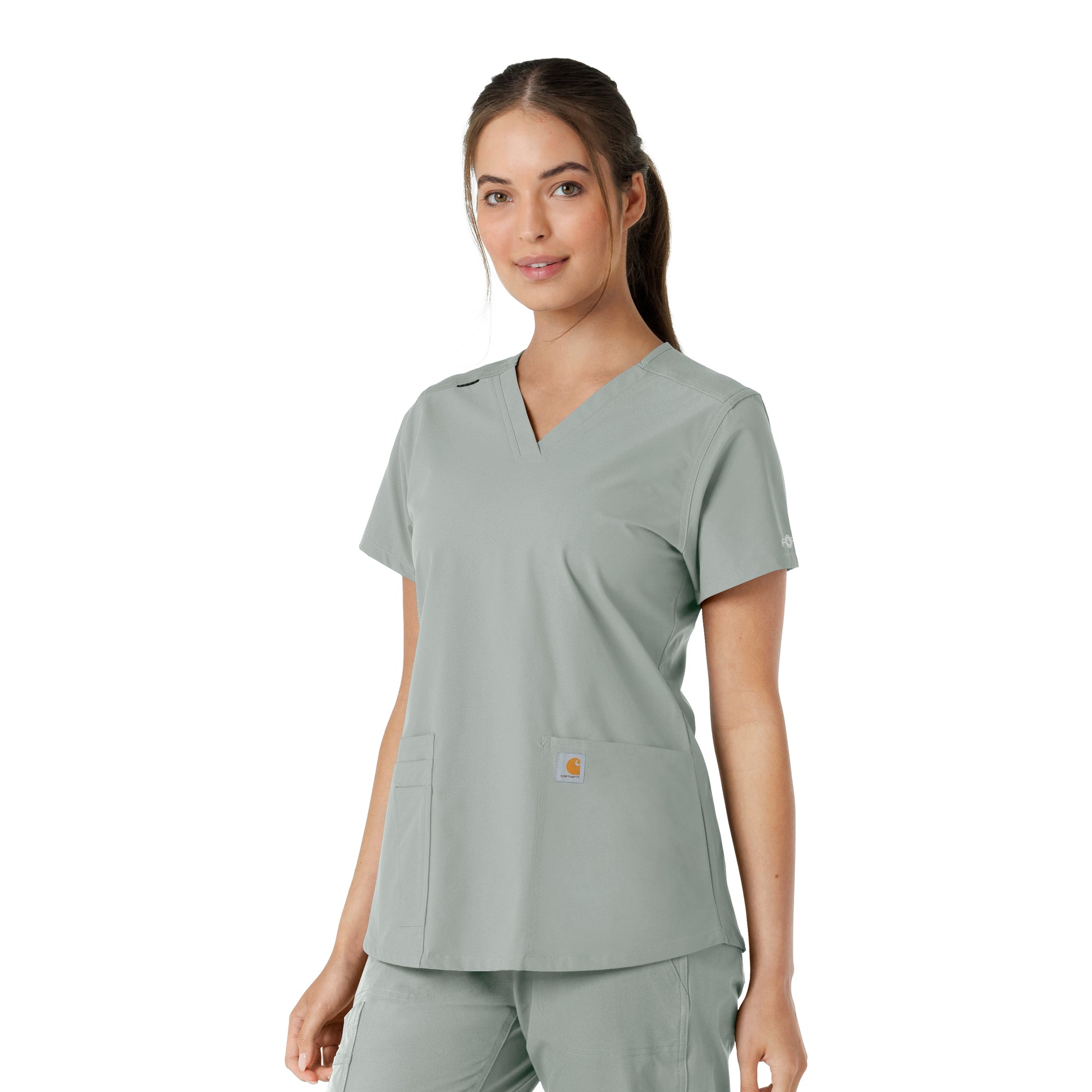 Force Essentials C12313 V-Neck Knit Panel Scrub Top Grey Model Image Left Side | Carhartt