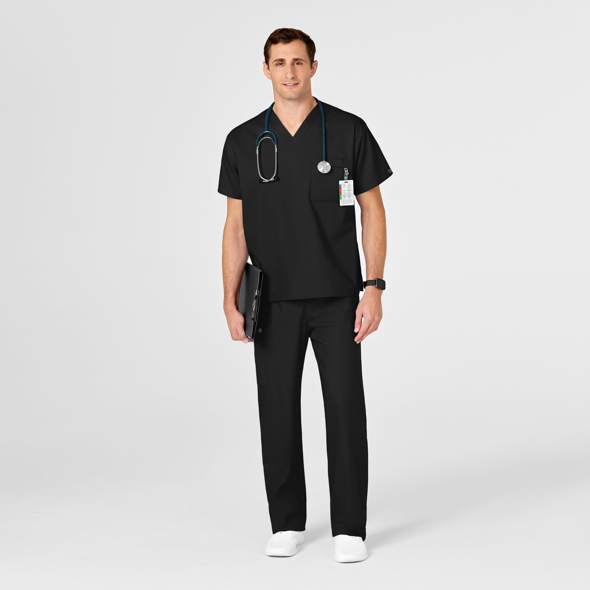 WonderWORK 100 Unisex V-Neck Scrub Top Black Model Image Alternate | Wink