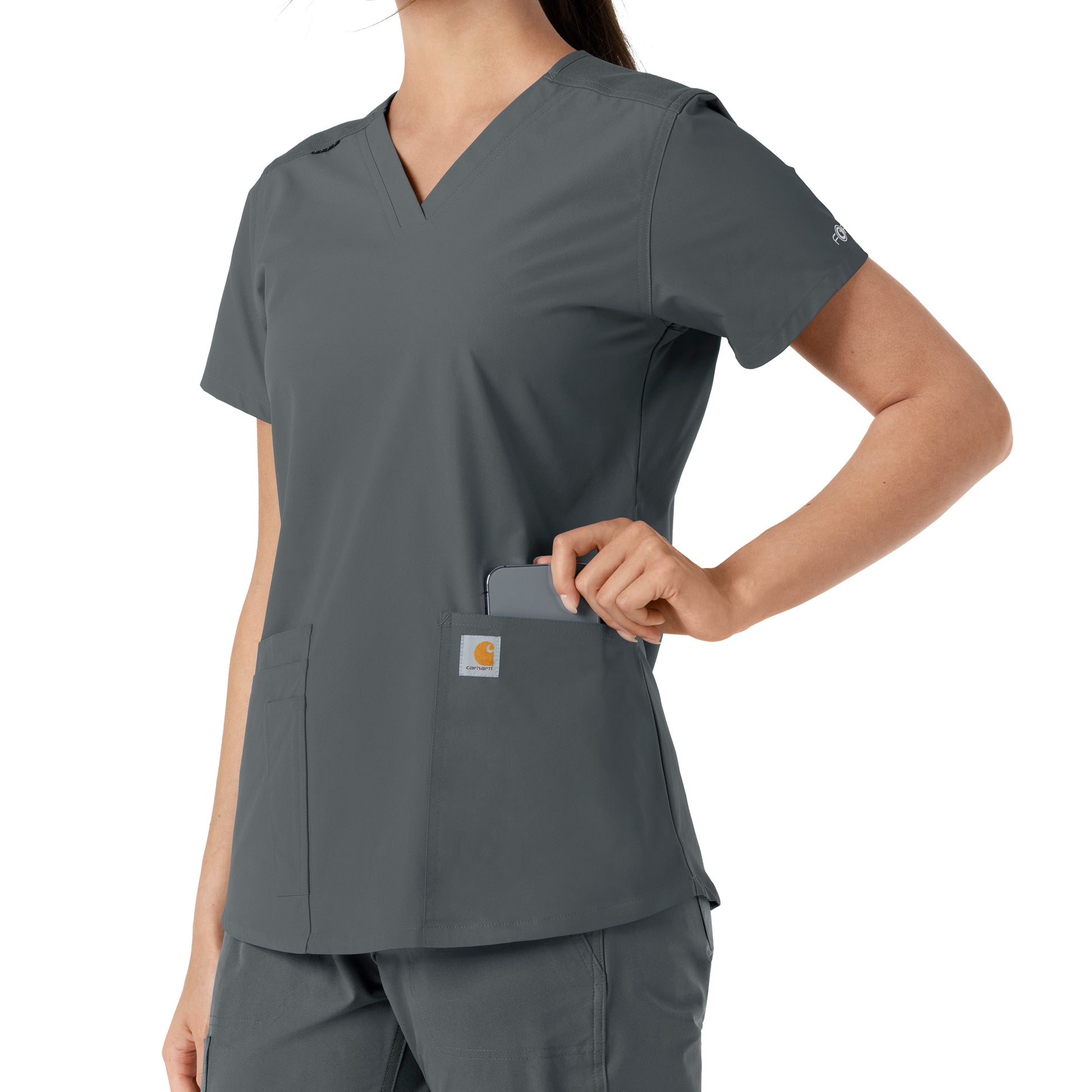 Force Essentials C12313 V-Neck Knit Panel Scrub Top Pewter Model Image Alternate | Carhartt