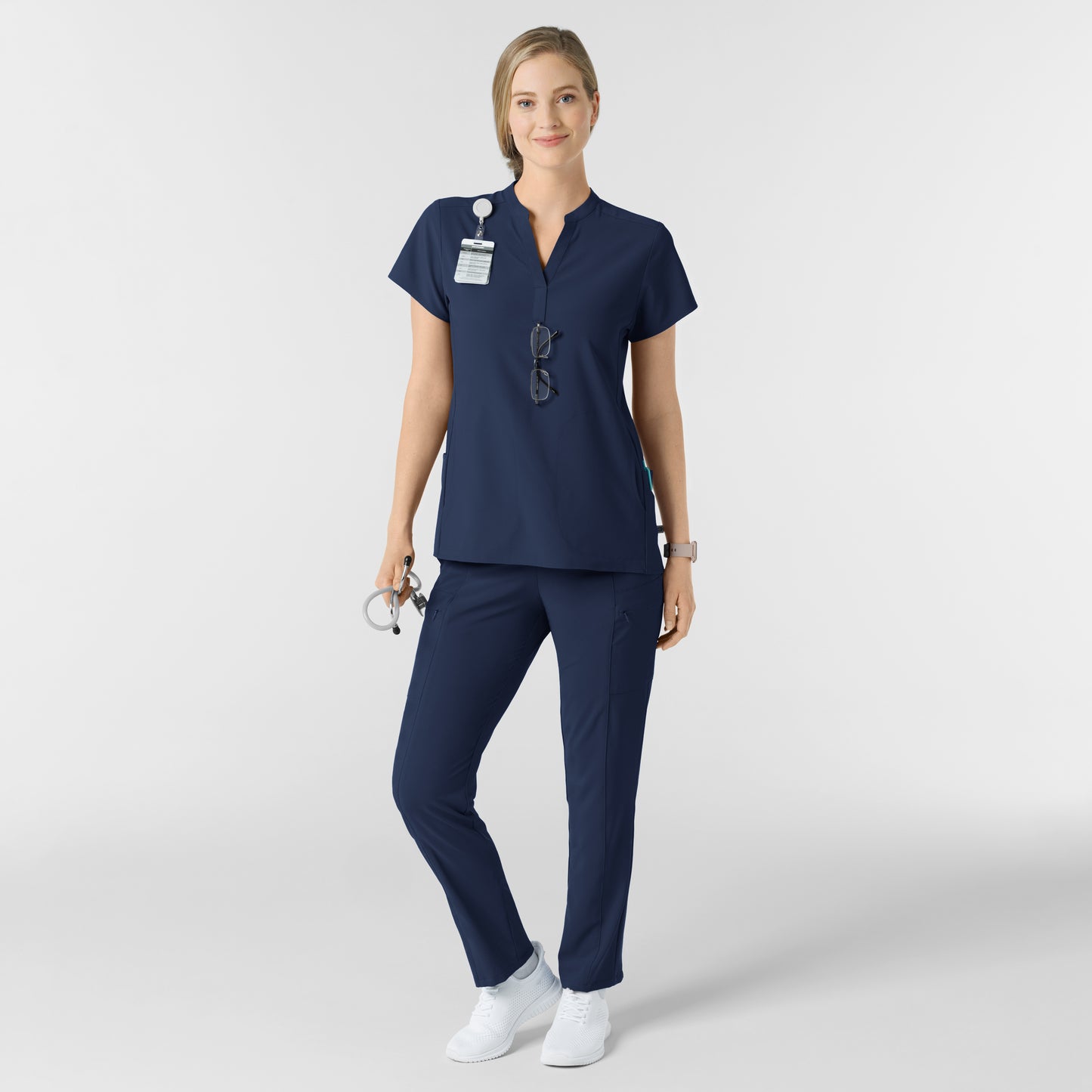 RENEW 6734 Mandarin Collar Scrub Top Navy Model Image Alternate | Wink