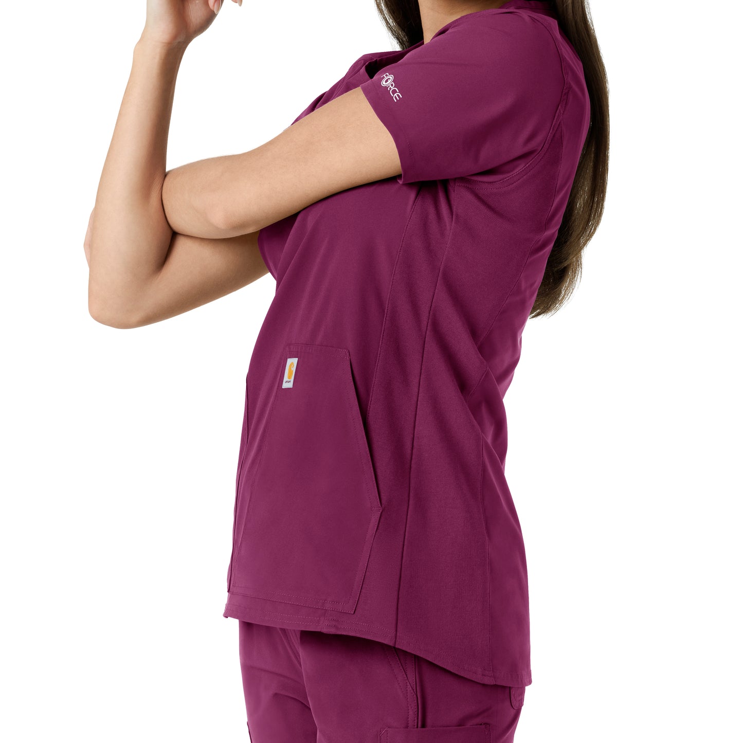 Force Essentials C12413 Notch Neck Tunic Knit Panel Scrub Top Wine Model Image Alternate | Carhartt