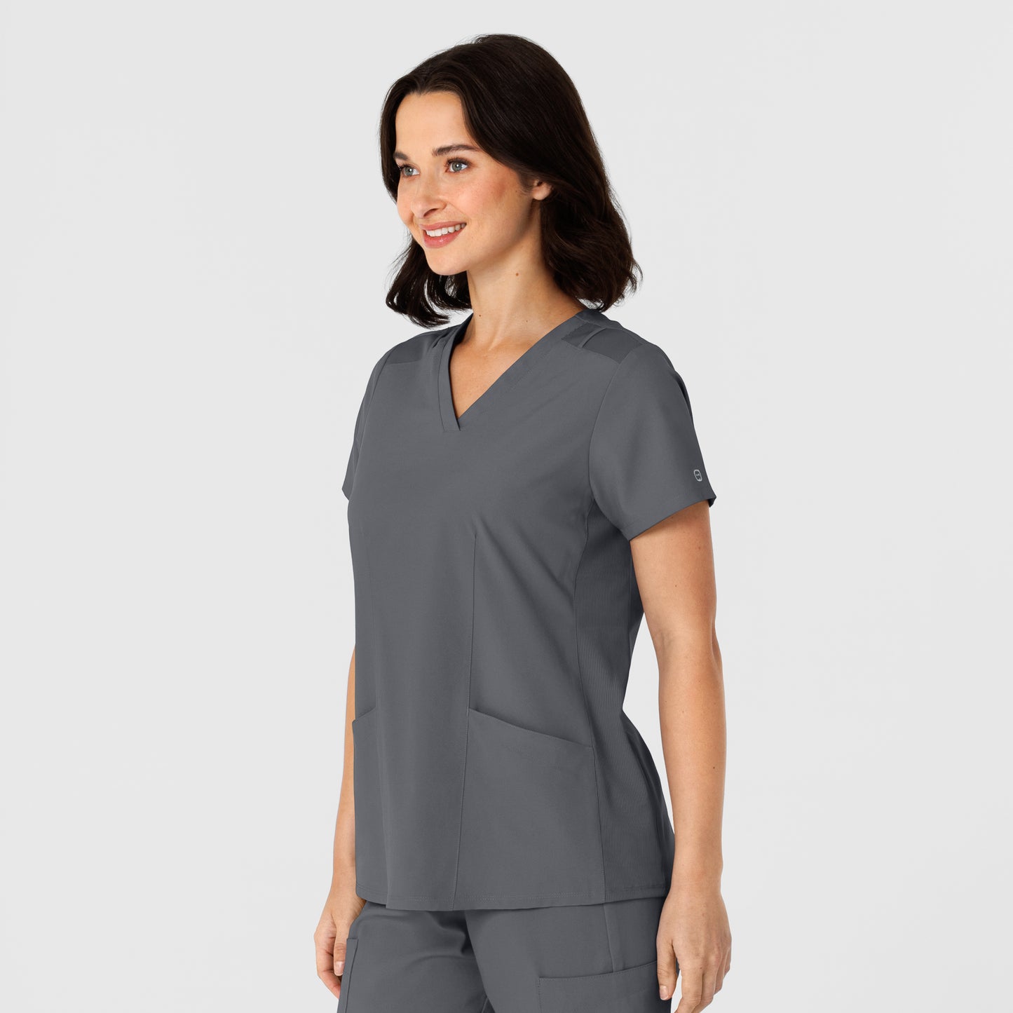 W123 6145 Flex-n-Reach Side Panel V-Neck Scrub Top Pewter Model Image Right Side | Wink