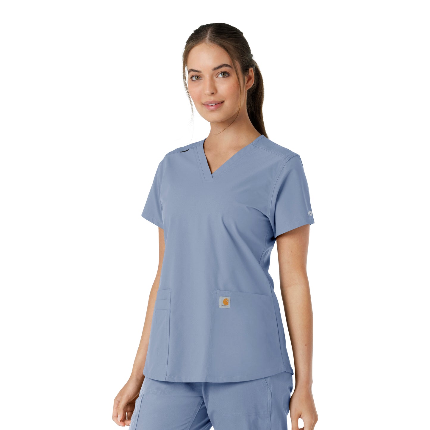 Force Essentials C12313 V-Neck Knit Panel Scrub Top Ceil Blue Model Image Left Side | Carhartt