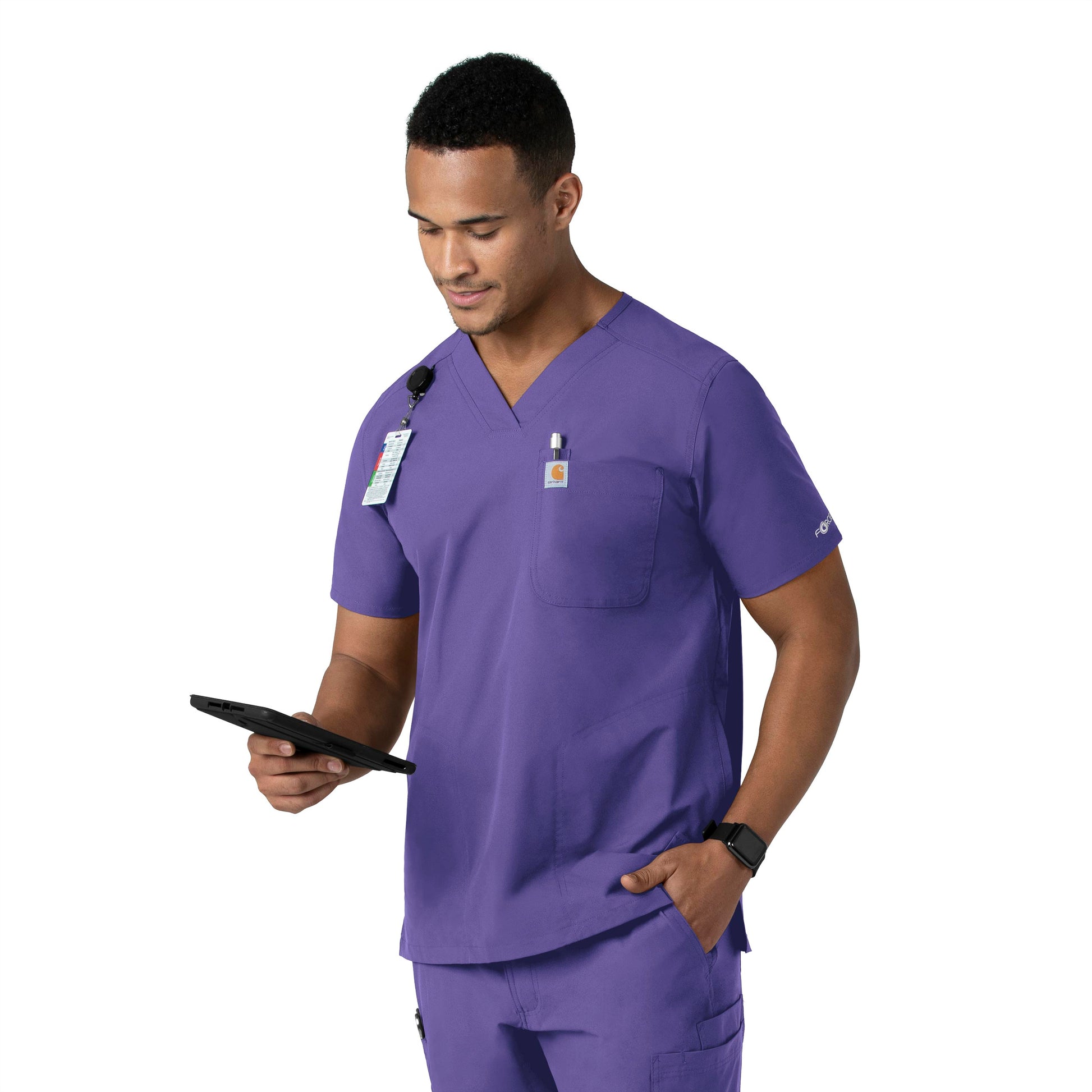 Force Essentials C16113 Men's V-Neck Shirttail Scrub Top Grape Model Image Left Side | Carhartt