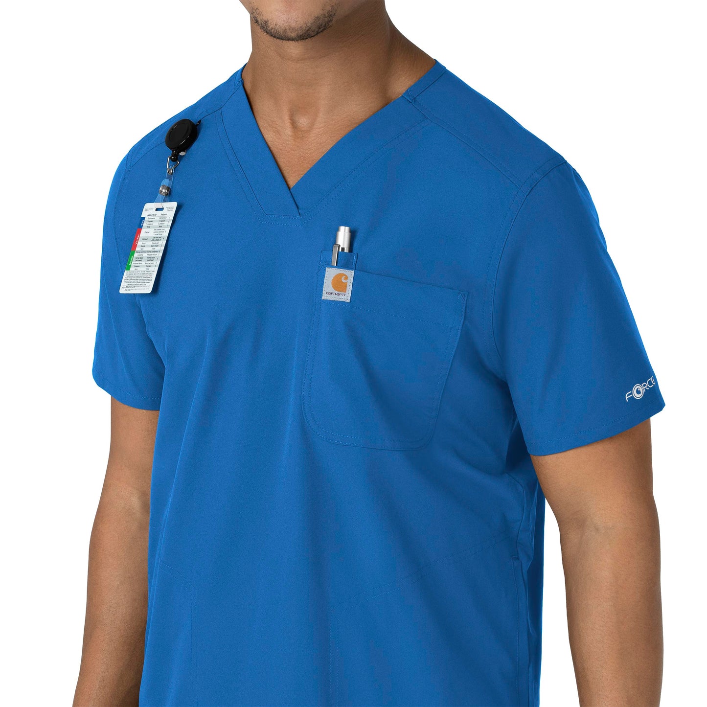 Force Essentials C16113 Men's V-Neck Shirttail Scrub Top Royal Model Image Left Side | Carhartt